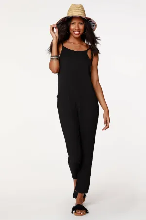 bobi Black Loose Fit Tie Shoulder Jumpsuit