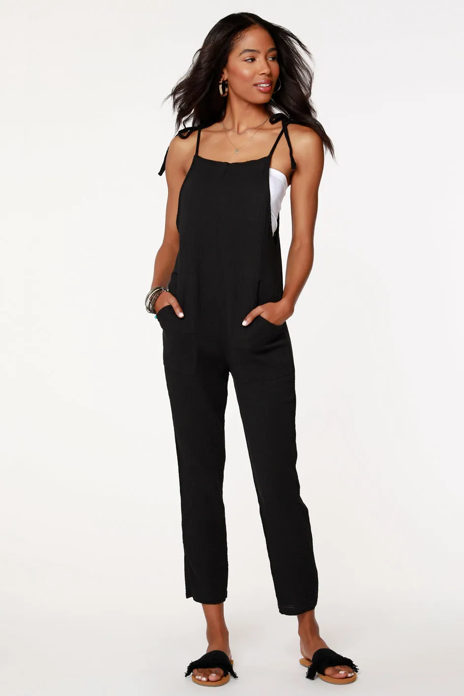 bobi Black Loose Fit Tie Shoulder Jumpsuit