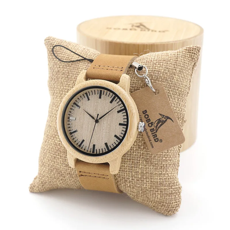 BOBO BIRD Natural Bamboo Watch With Genuine Leather Band   FREE UV Bamboo sunglases Gift