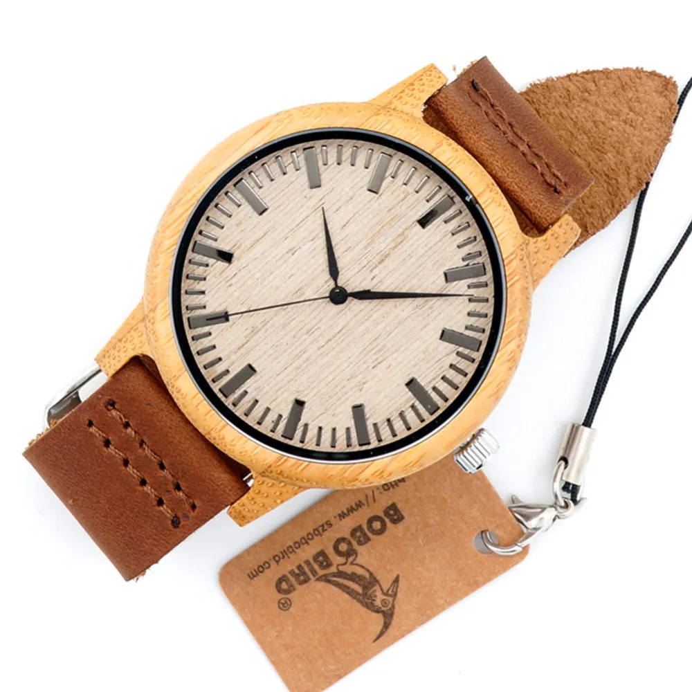 BOBO BIRD Natural Bamboo Watch With Genuine Leather Band   FREE UV Bamboo sunglases Gift