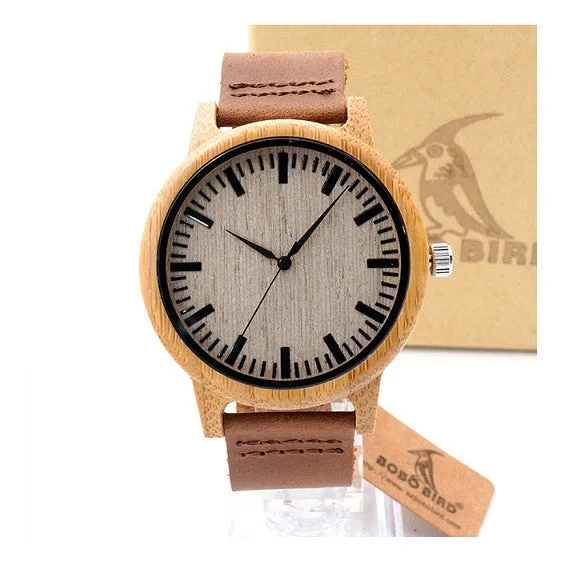 BOBO BIRD Natural Bamboo Watch With Genuine Leather Band   FREE UV Bamboo sunglases Gift