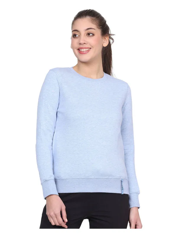 Bodyactive Women Cotton Fleece Blend Light Blue Solid Crew Neck Sweatshirt-TSW112_SKBLU