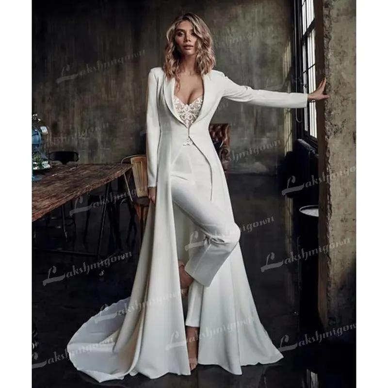 Bohemian 2024 Jumpsuit Wedding Dress with Jacket Lace Appliqué Bridal Gown