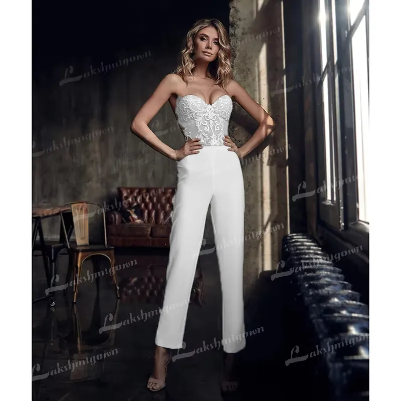 Bohemian 2024 Jumpsuit Wedding Dress with Jacket Lace Appliqué Bridal Gown