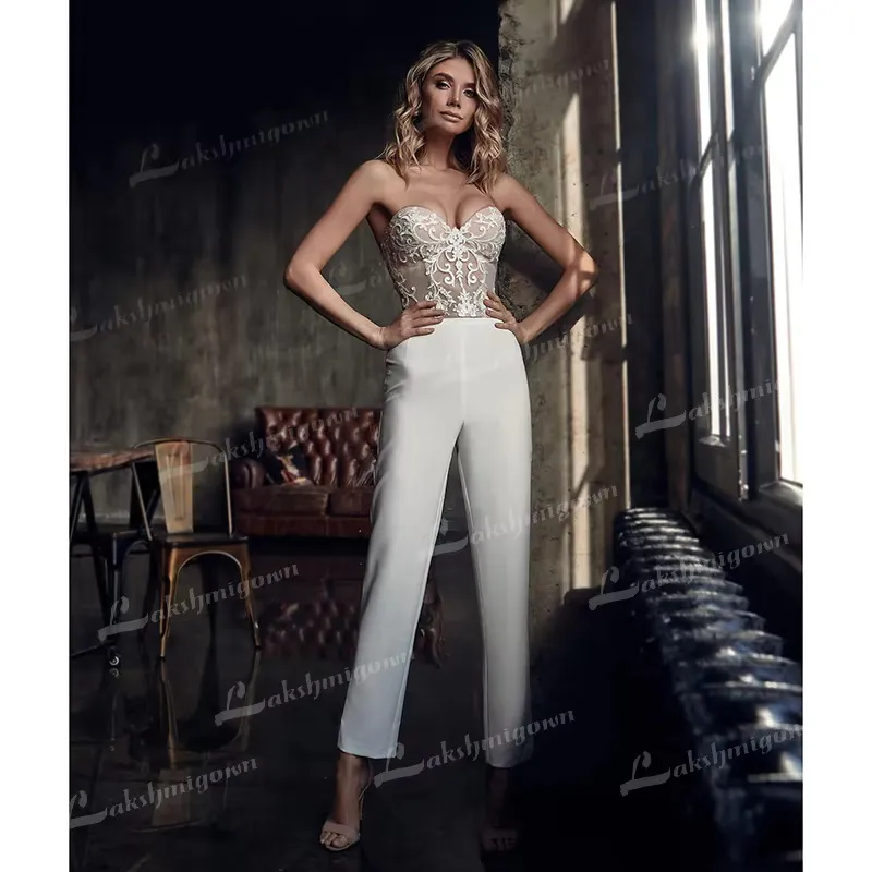 Bohemian 2024 Jumpsuit Wedding Dress with Jacket Lace Appliqué Bridal Gown