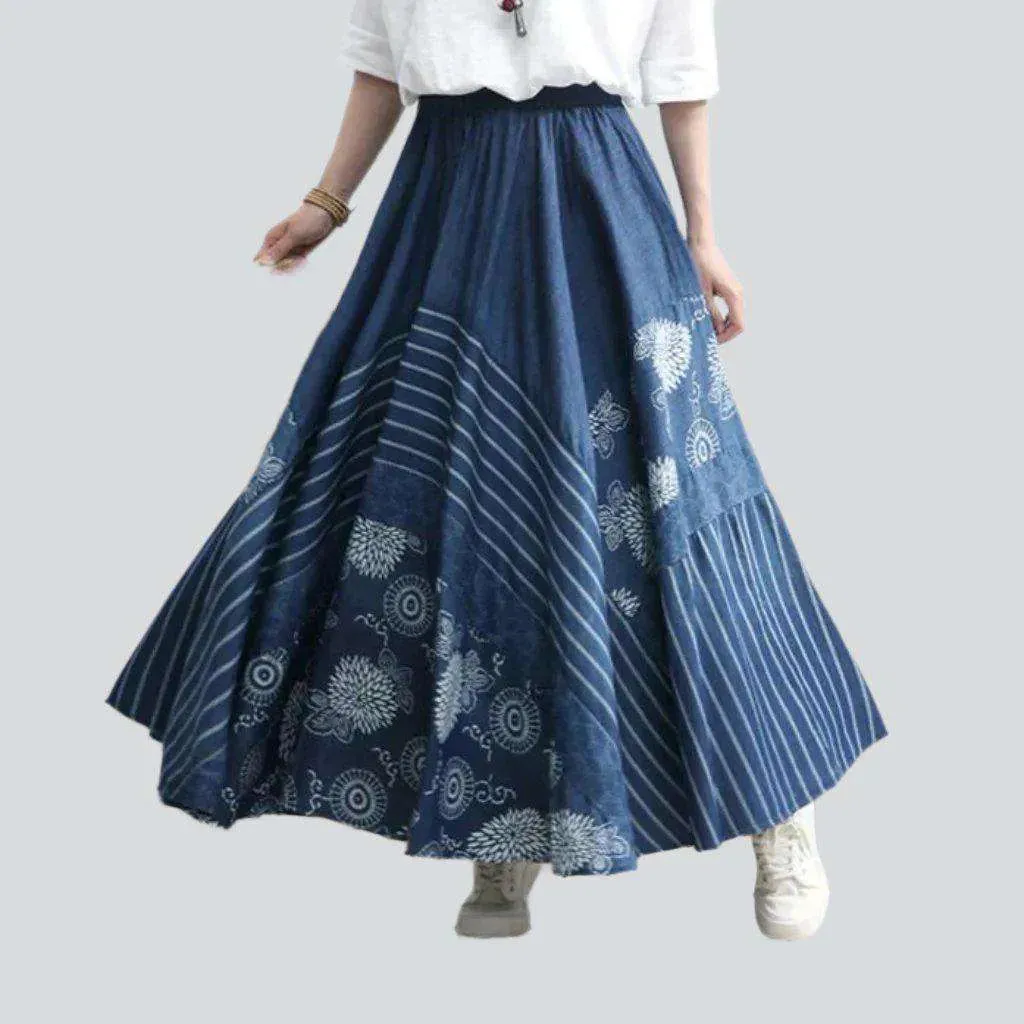 Bohemian flared long denim skirt