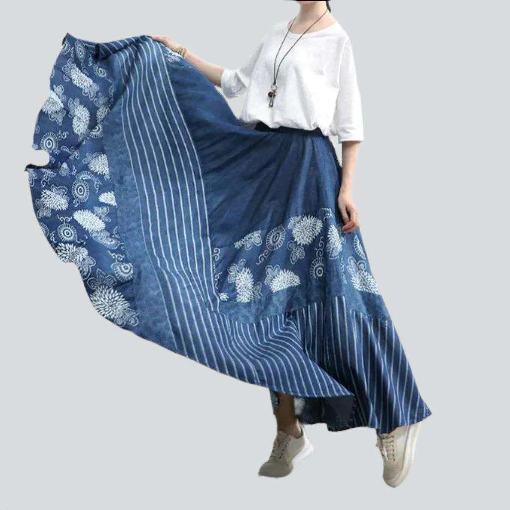 Bohemian flared long denim skirt