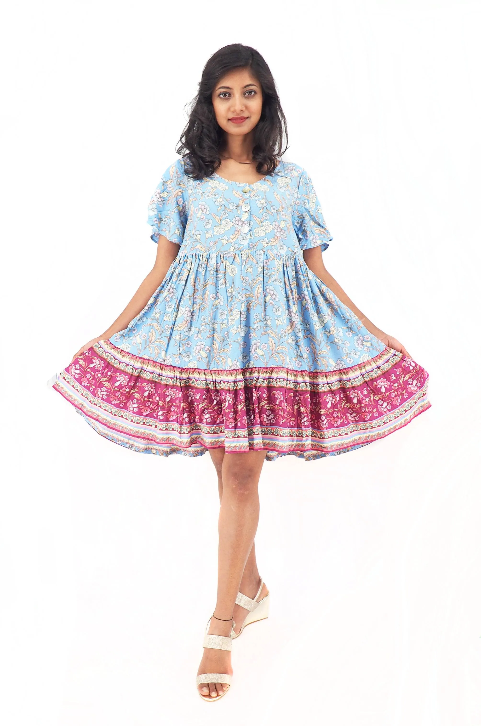 Bohemian Gypsy Hippy Rayon Light Weight Short Dress Blue Floral S-M-L