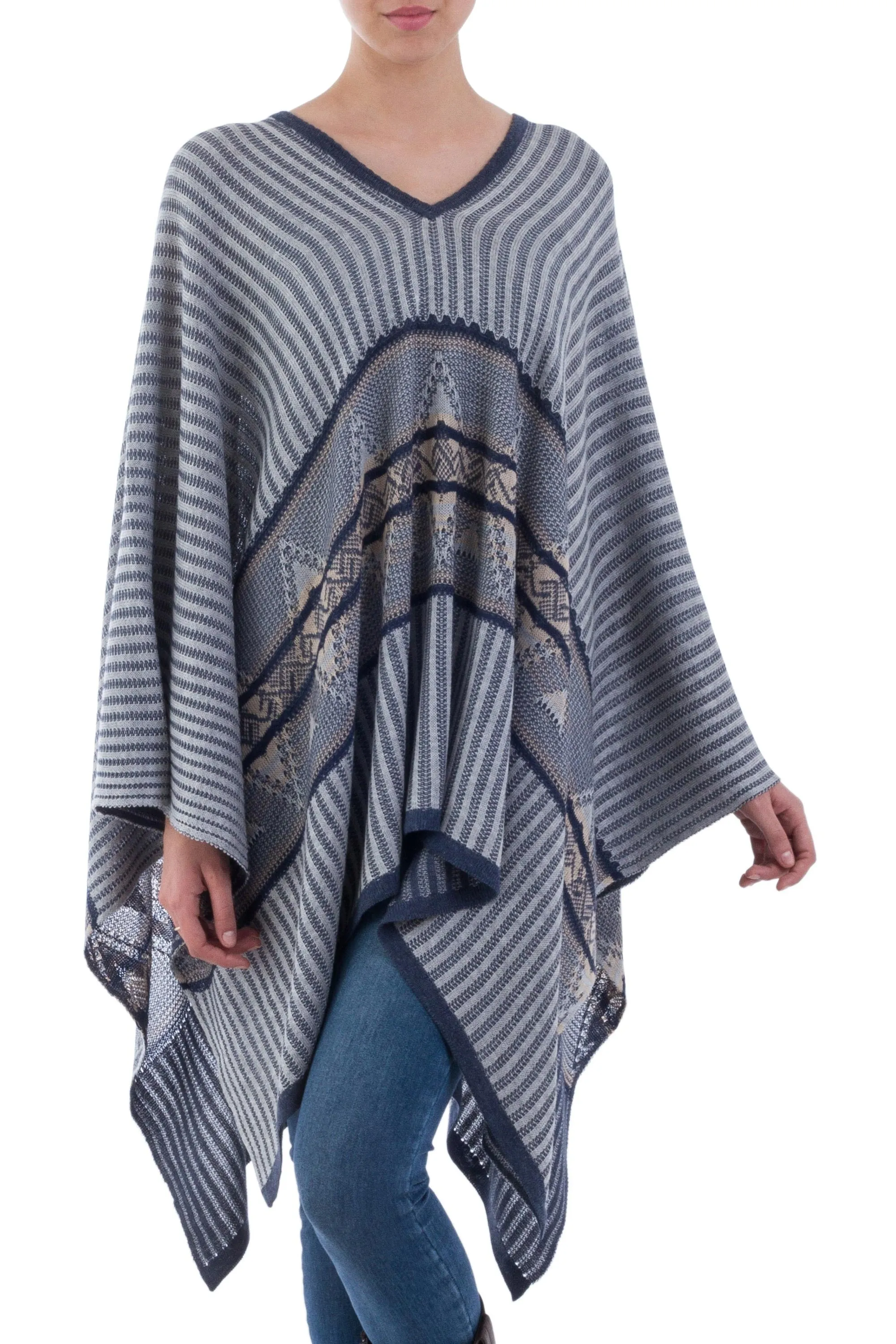 Bohemian Poncho in Blue Geometric Pattern from Peru - Memories Past in Blue | NOVICA