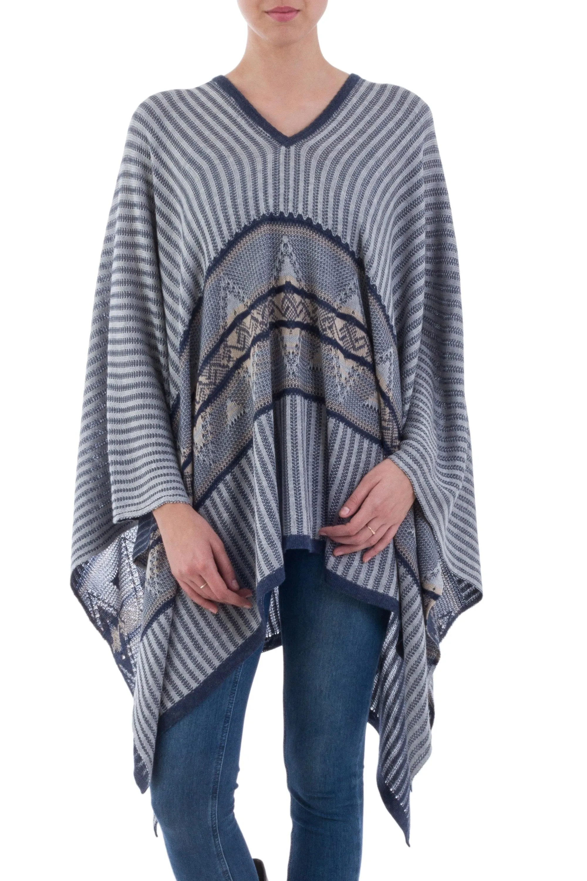 Bohemian Poncho in Blue Geometric Pattern from Peru - Memories Past in Blue | NOVICA