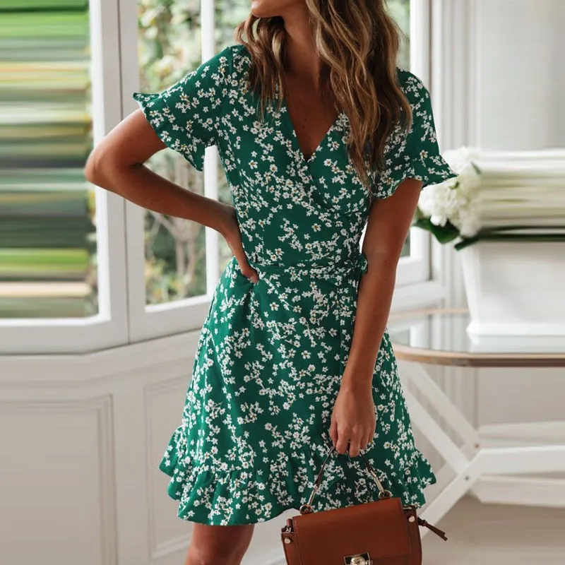 Bohemian Summer Boho Floral Print Casual Beach V-Neck Wrap Bodycon Mini Dress Ruffles Sundress