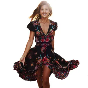 Bohemian Summer V Neck Vintage Boho Long Maxi Floral Chiffon Dress Plus size (US 8-16)