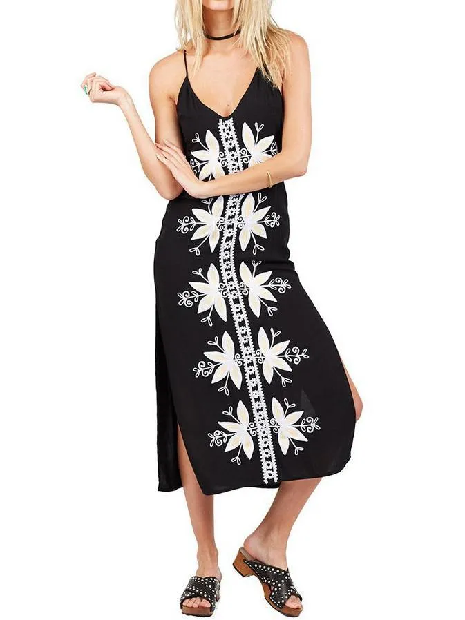 Bohemian vacation wind lapel embroidery harness split black dress dress