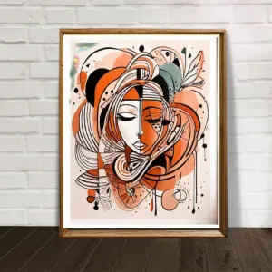 Boho abstract woman , Orange and black print  ,boho woman art portrait ,  mininalist Abstract Wall Art print