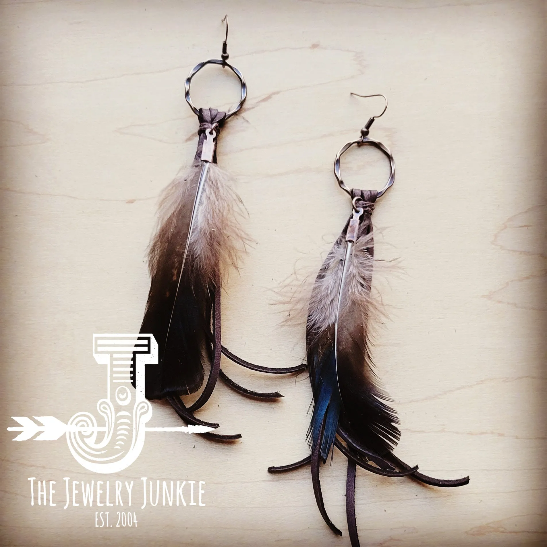 Boho Brown Deer Skin Leather Tassel Earring-Blue/Black Feather 216y