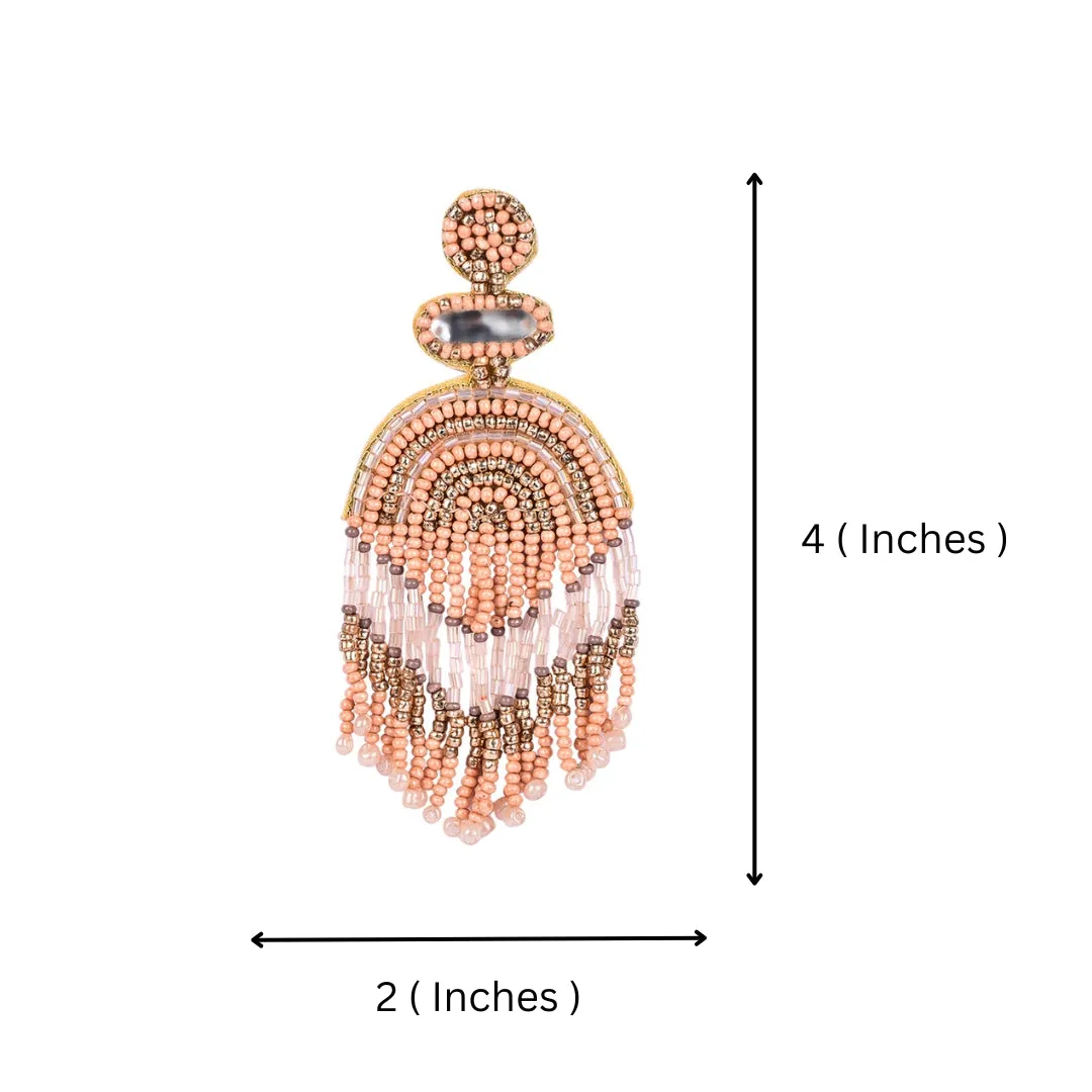 Boho Chic Beaded Dangle Earrings - Peach and Gold Statement Jewellery