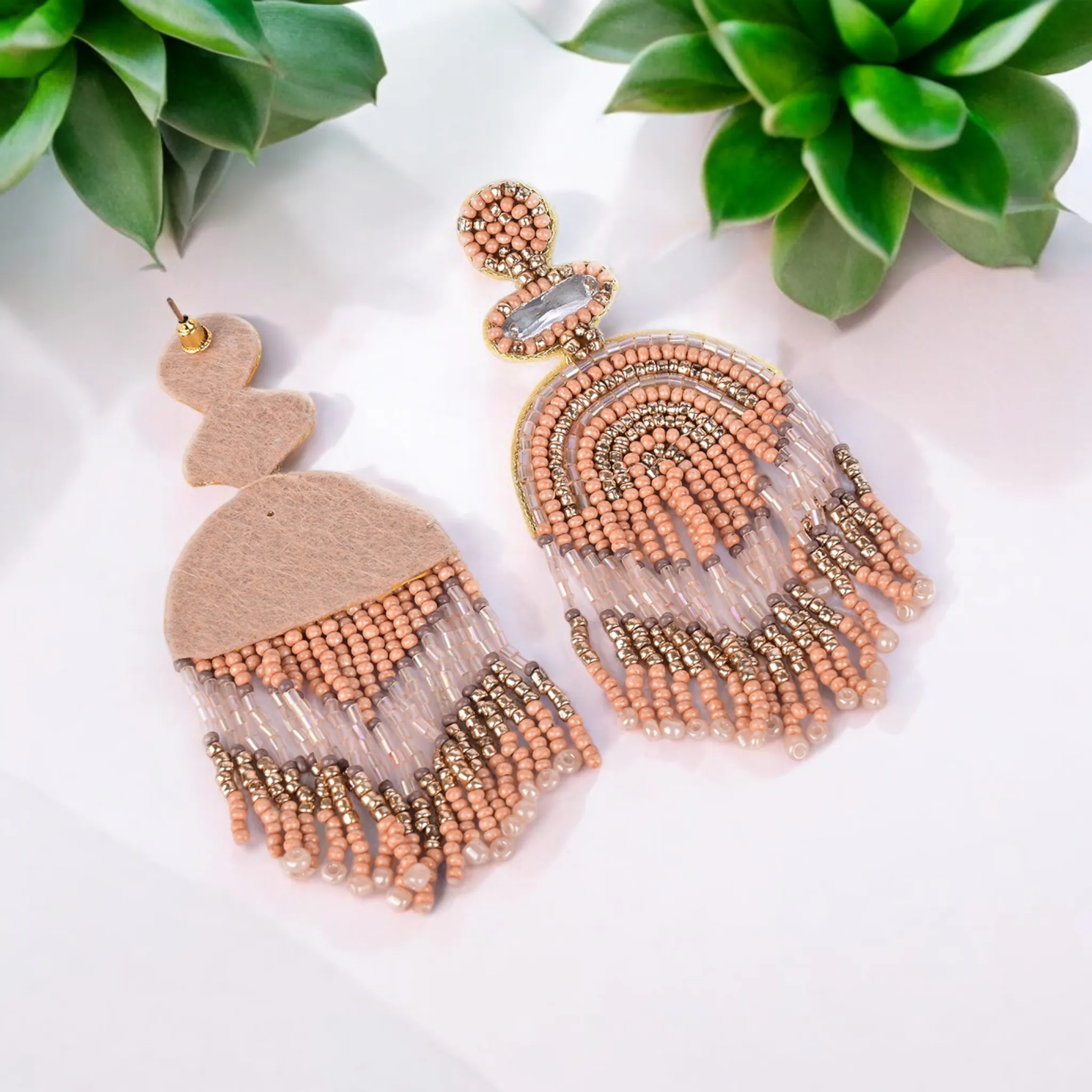 Boho Chic Beaded Dangle Earrings - Peach and Gold Statement Jewellery