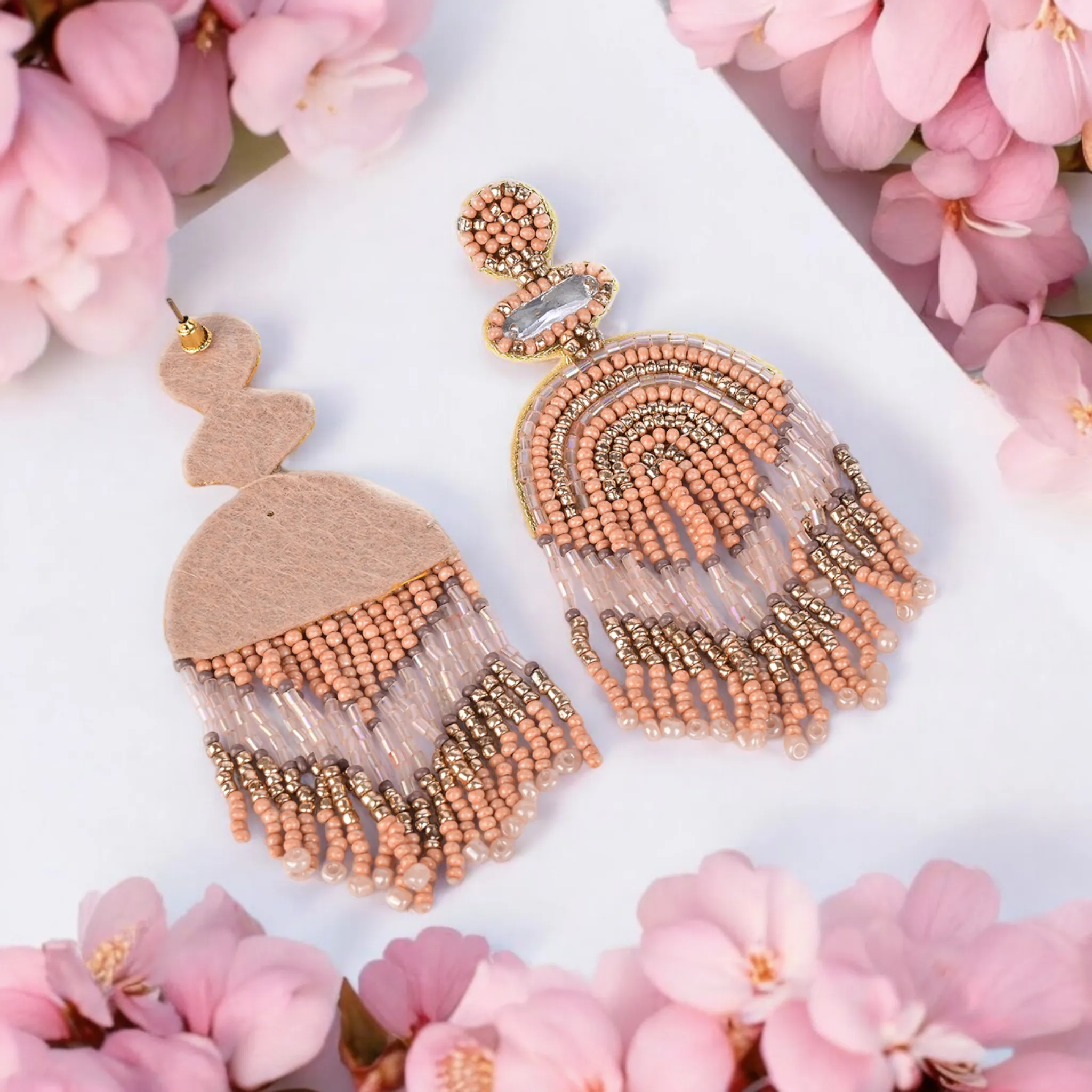 Boho Chic Beaded Dangle Earrings - Peach and Gold Statement Jewellery