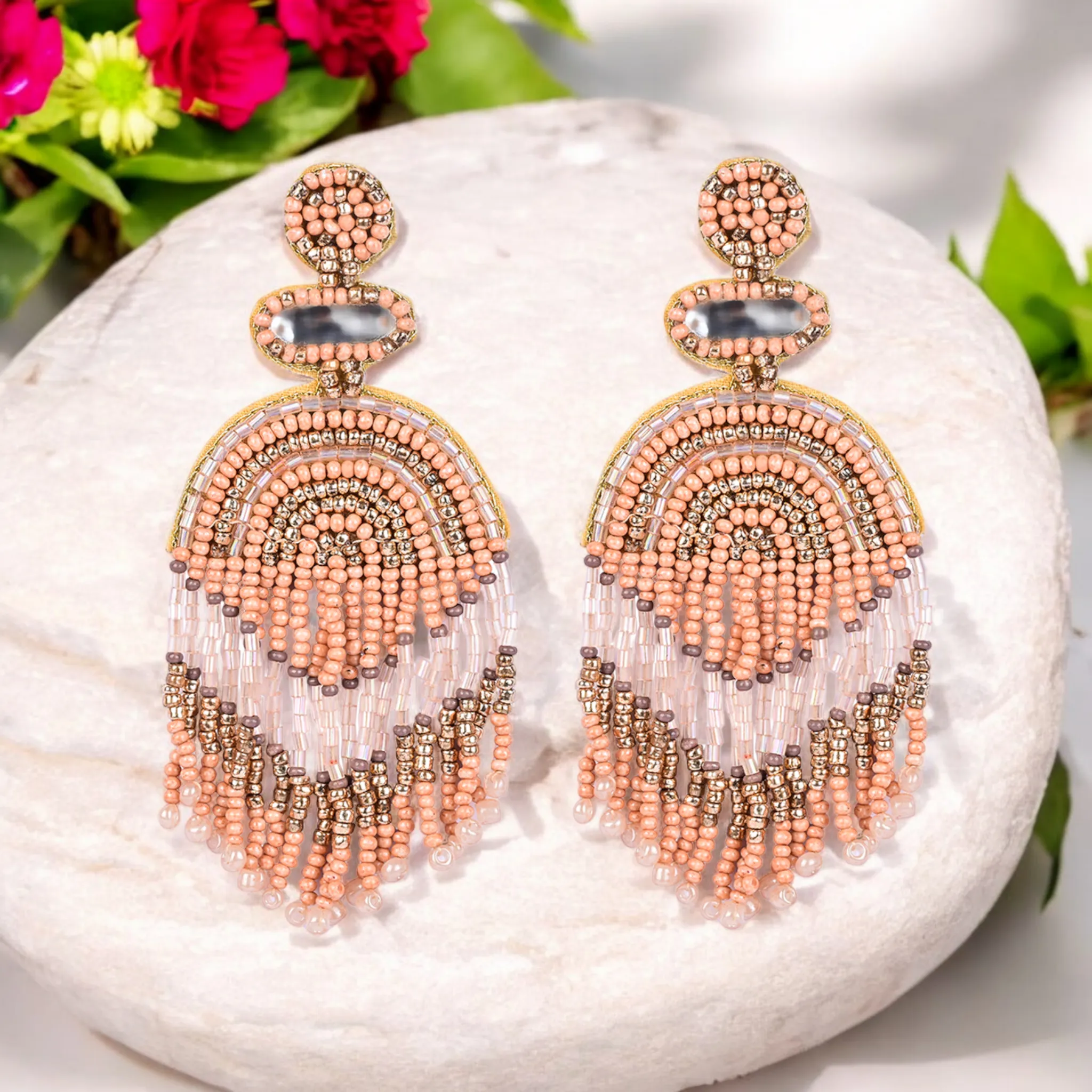 Boho Chic Beaded Dangle Earrings - Peach and Gold Statement Jewellery