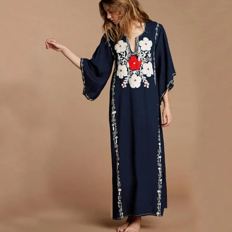 Boho Chic Floral Embroidered Kaftan Dress