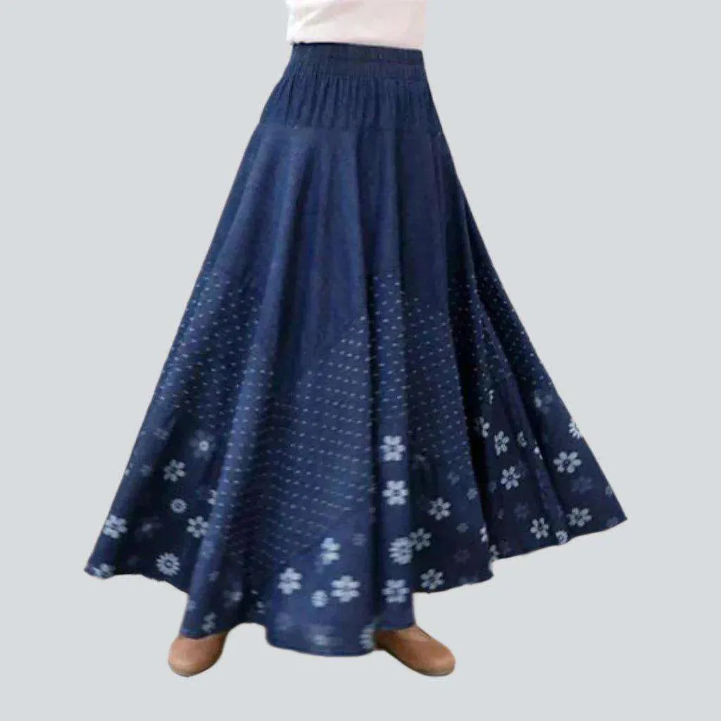 Boho chic long denim skirt