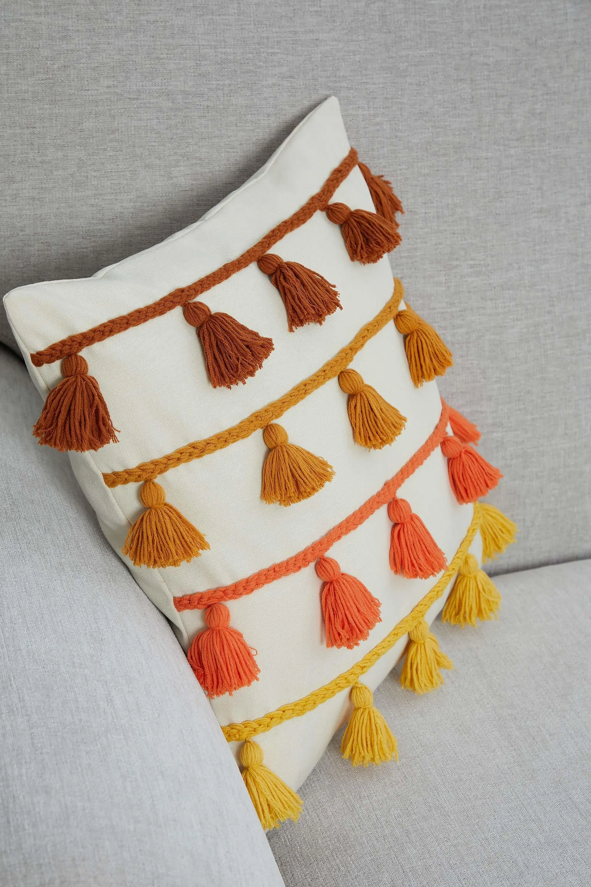 Boho Decorative Throw Pillow Cover with Plenty of Colourful Tassels, 18x18 Inches Chic Couch Pillowcase for Modern Living Room Design,K-282