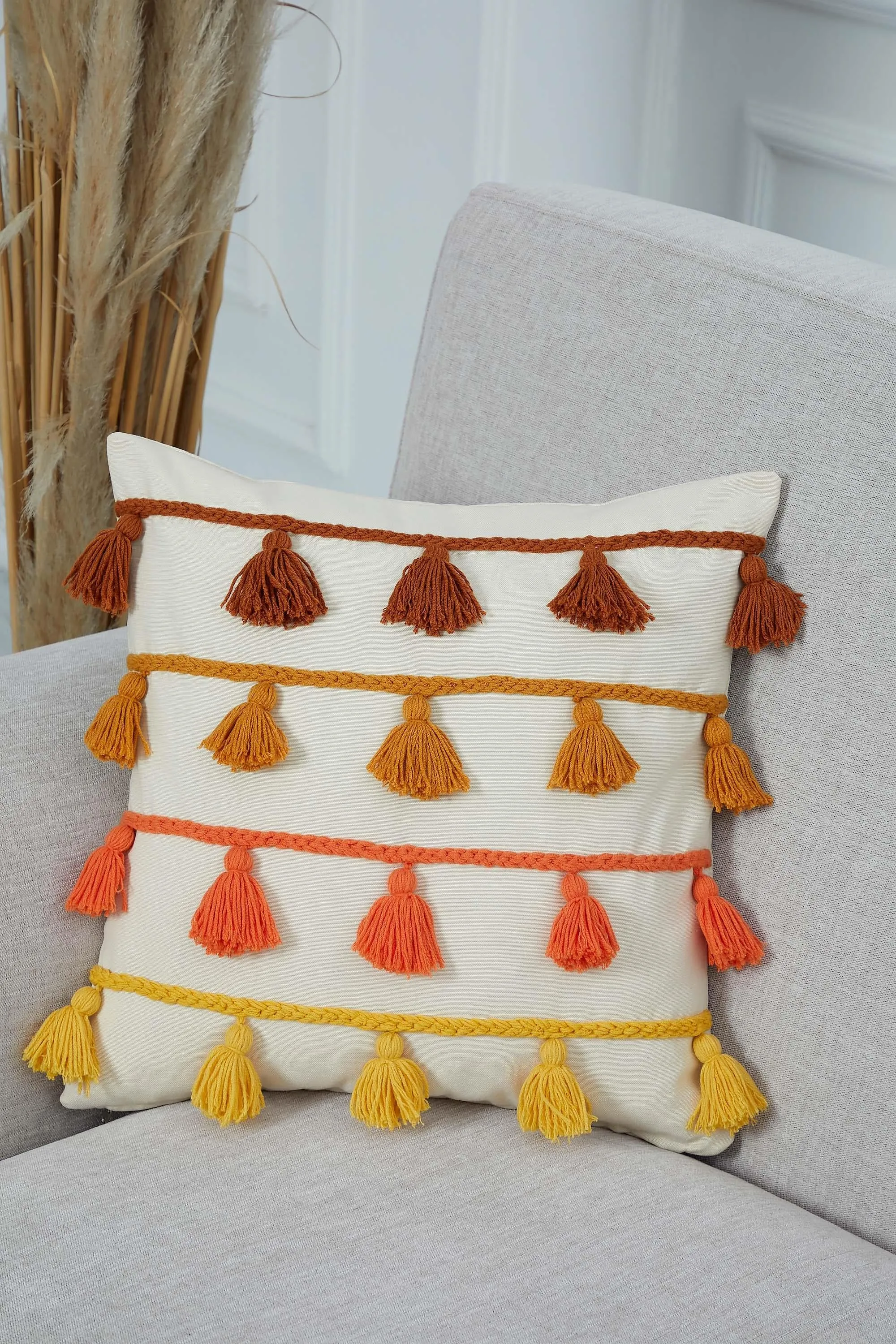 Boho Decorative Throw Pillow Cover with Plenty of Colourful Tassels, 18x18 Inches Chic Couch Pillowcase for Modern Living Room Design,K-282