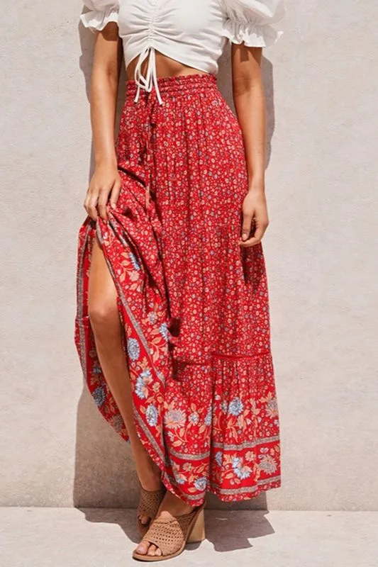 Boho Ditsy Summer Maxi Skirt - Red