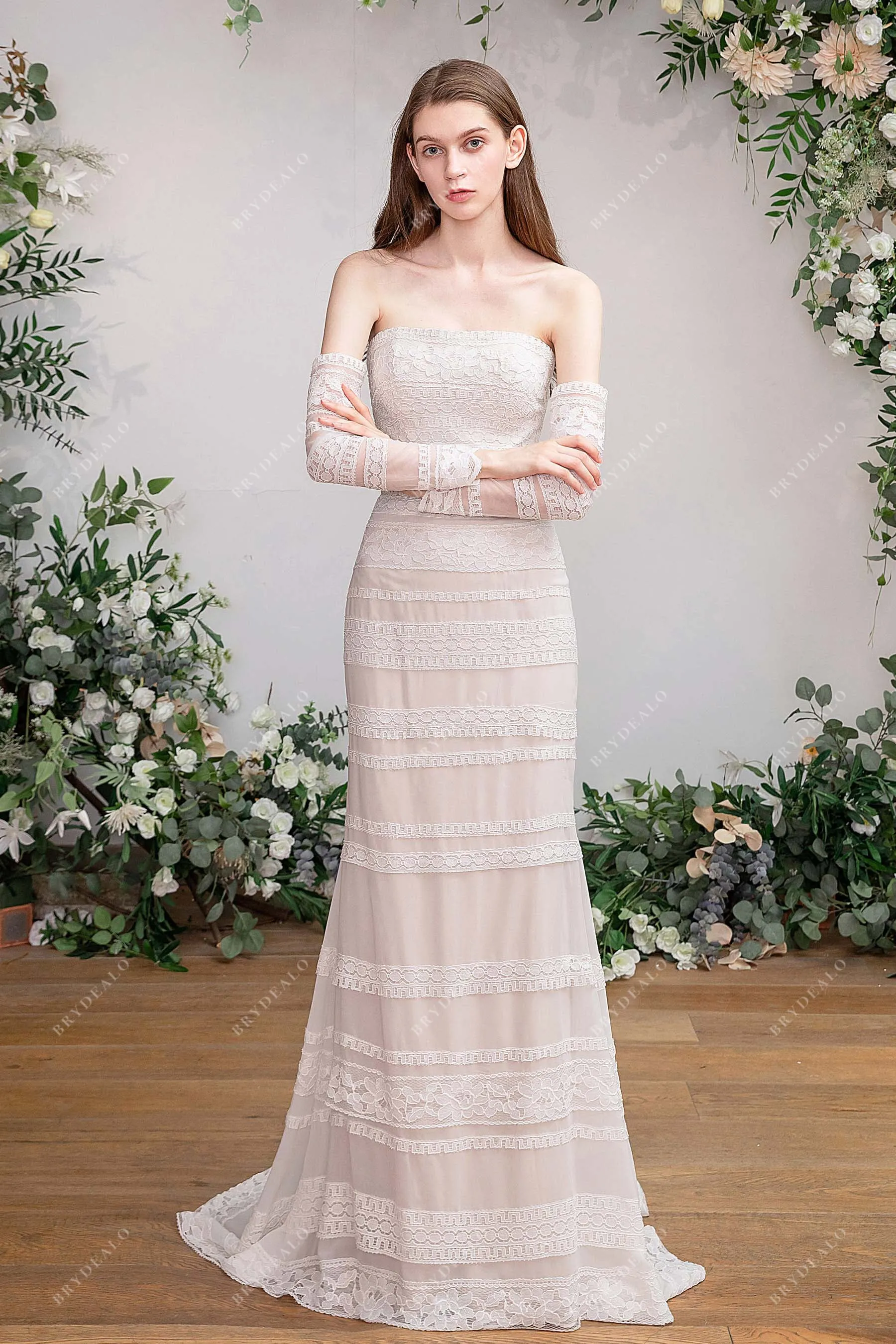 Boho Lace Fit and Flare Detachable Sleeves Summer Nude Wedding Dress