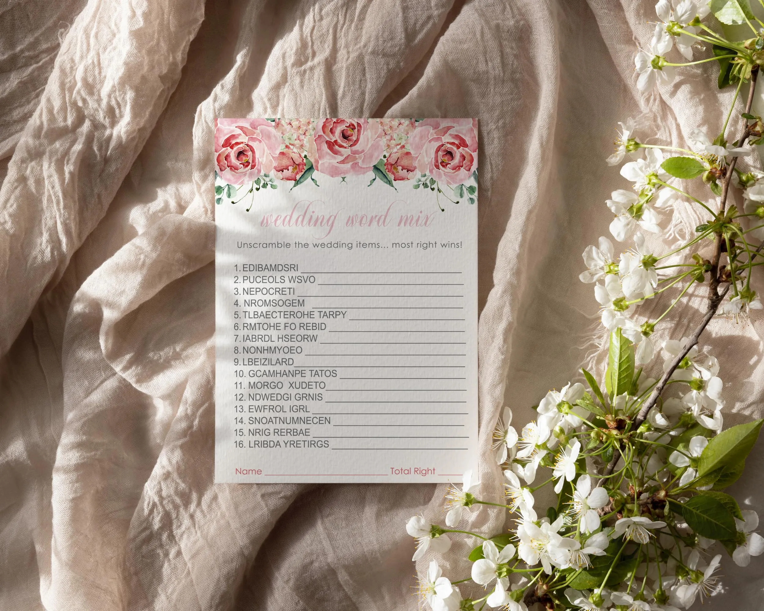 Boho Pink Word Scramble Charming Floral Bridal Shower Game - 5x7 Cards for 25 Guests