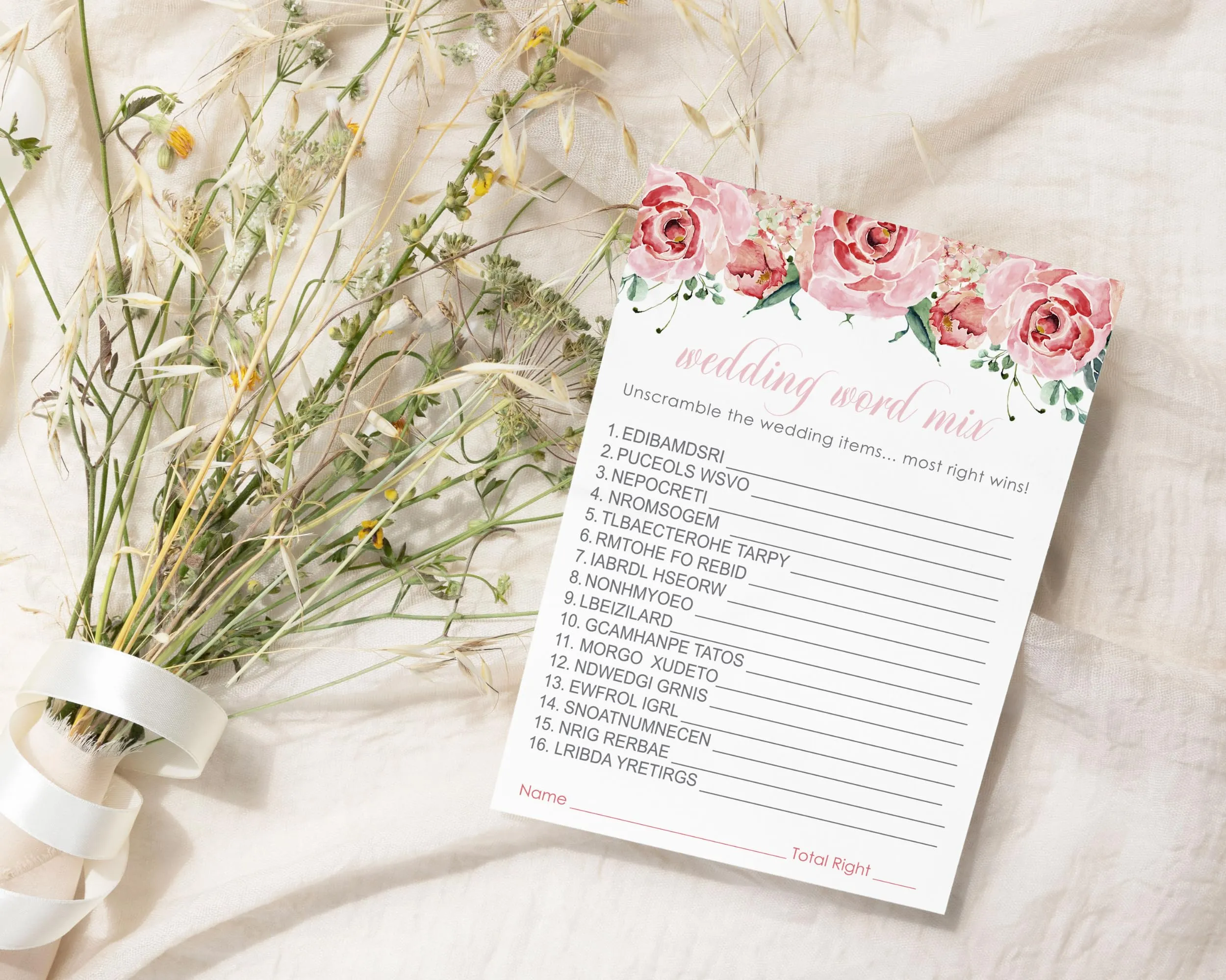 Boho Pink Word Scramble Charming Floral Bridal Shower Game - 5x7 Cards for 25 Guests