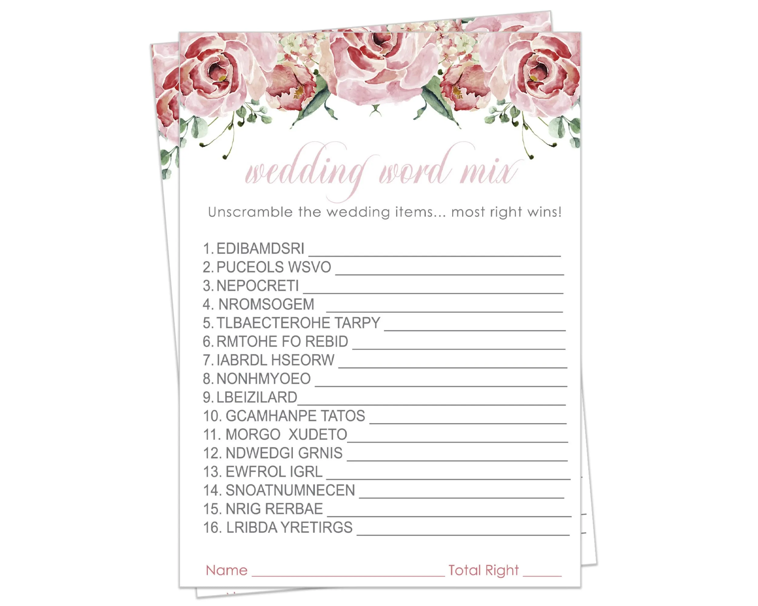 Boho Pink Word Scramble Charming Floral Bridal Shower Game - 5x7 Cards for 25 Guests