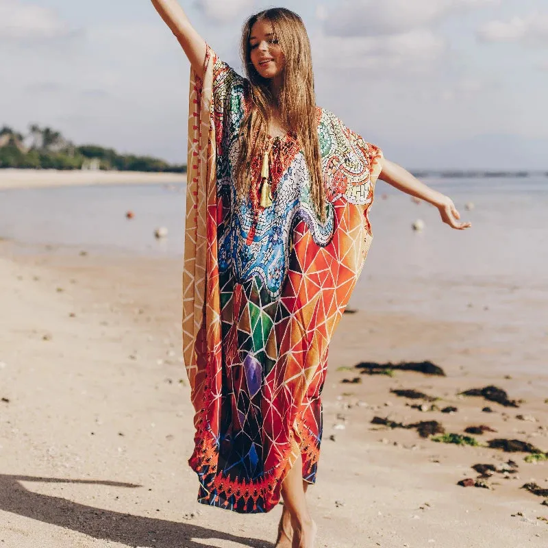 Boho Quick-drying Long Kaftan Burkini Cover-up Plus Size Summer Beachwear