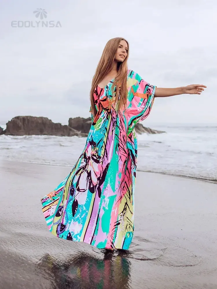 Boho Quick-drying Long Kaftan Burkini Cover-up Plus Size Summer Beachwear