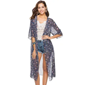 Boho Style Floral Print Long Kimono Chiffon Blouse