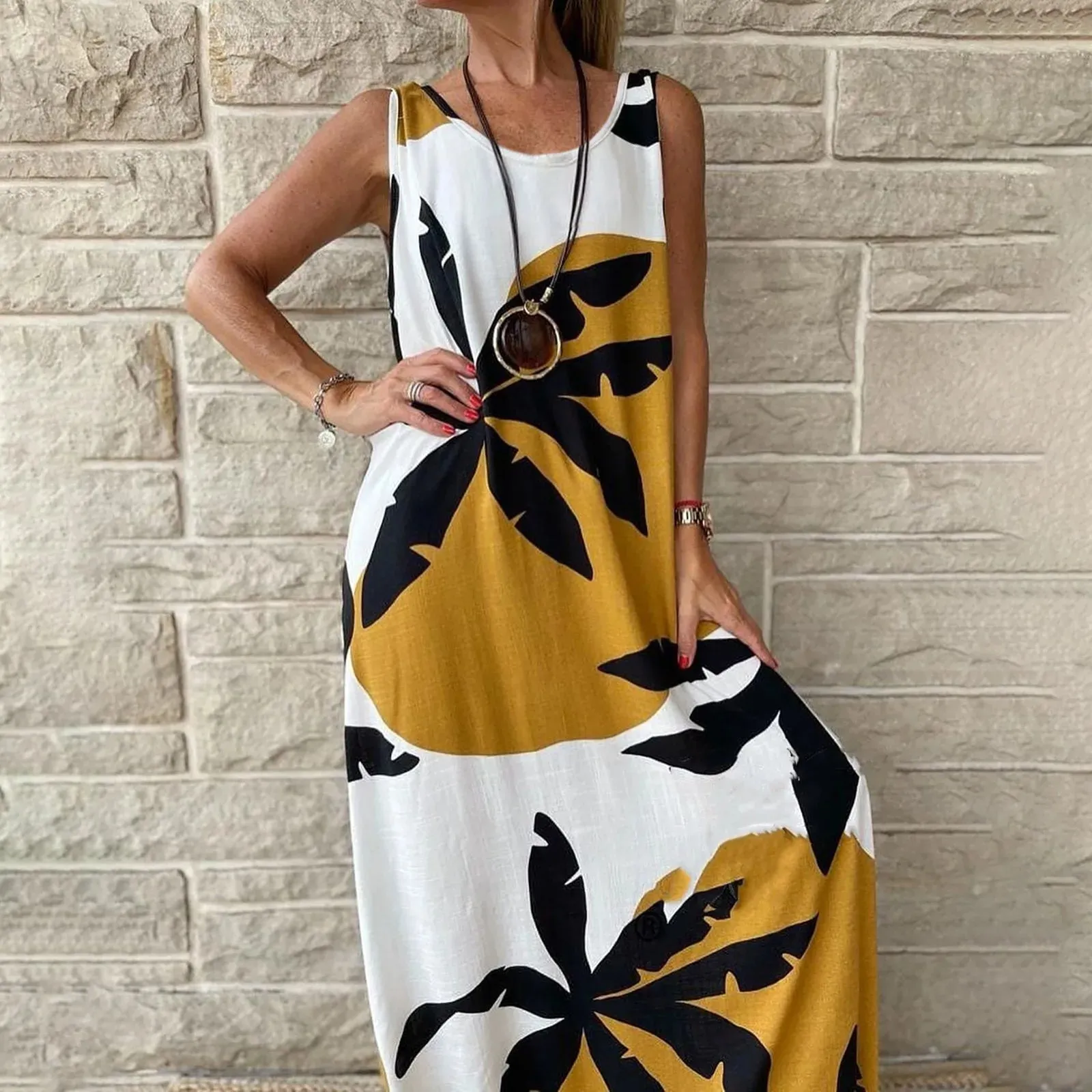 Boho Tropical Print Long Sleeveless Loose Casual Summer Dress