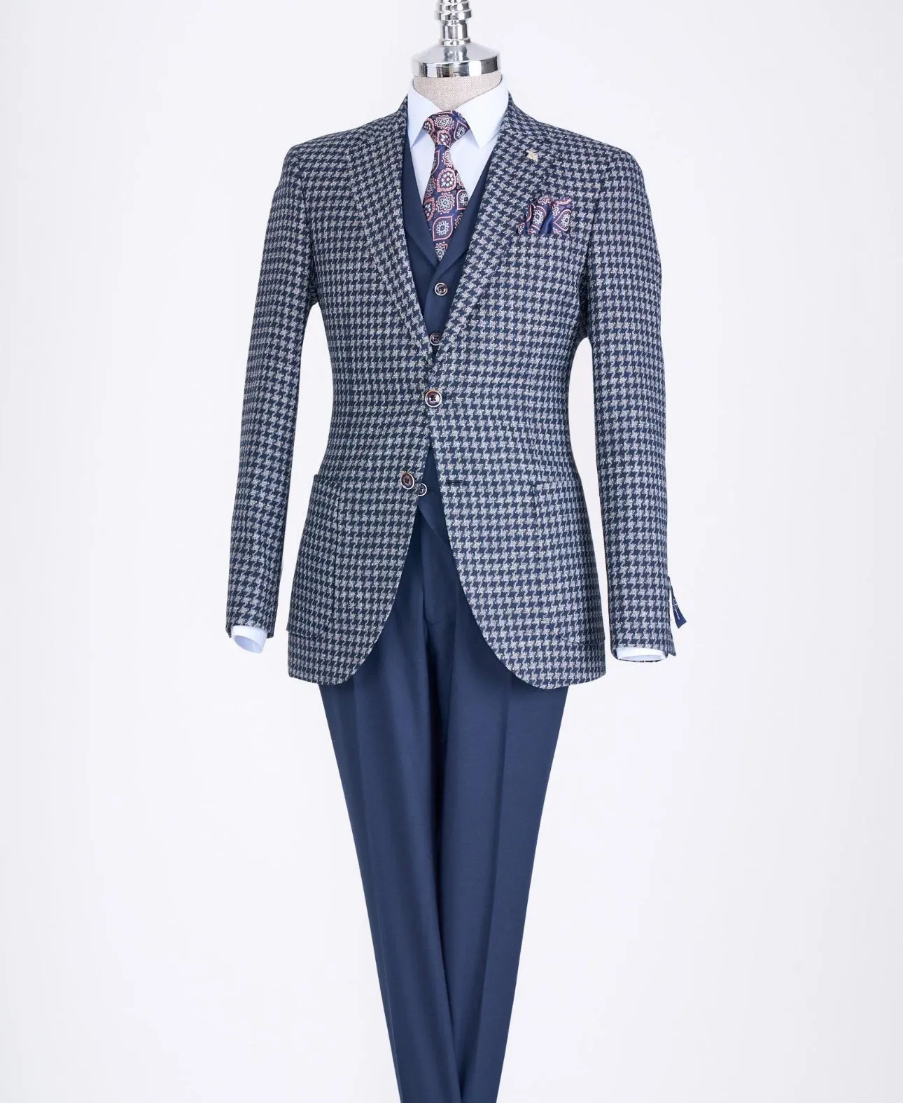 Bojoni Chicago Slim Fit Checked Navy Blue Suit