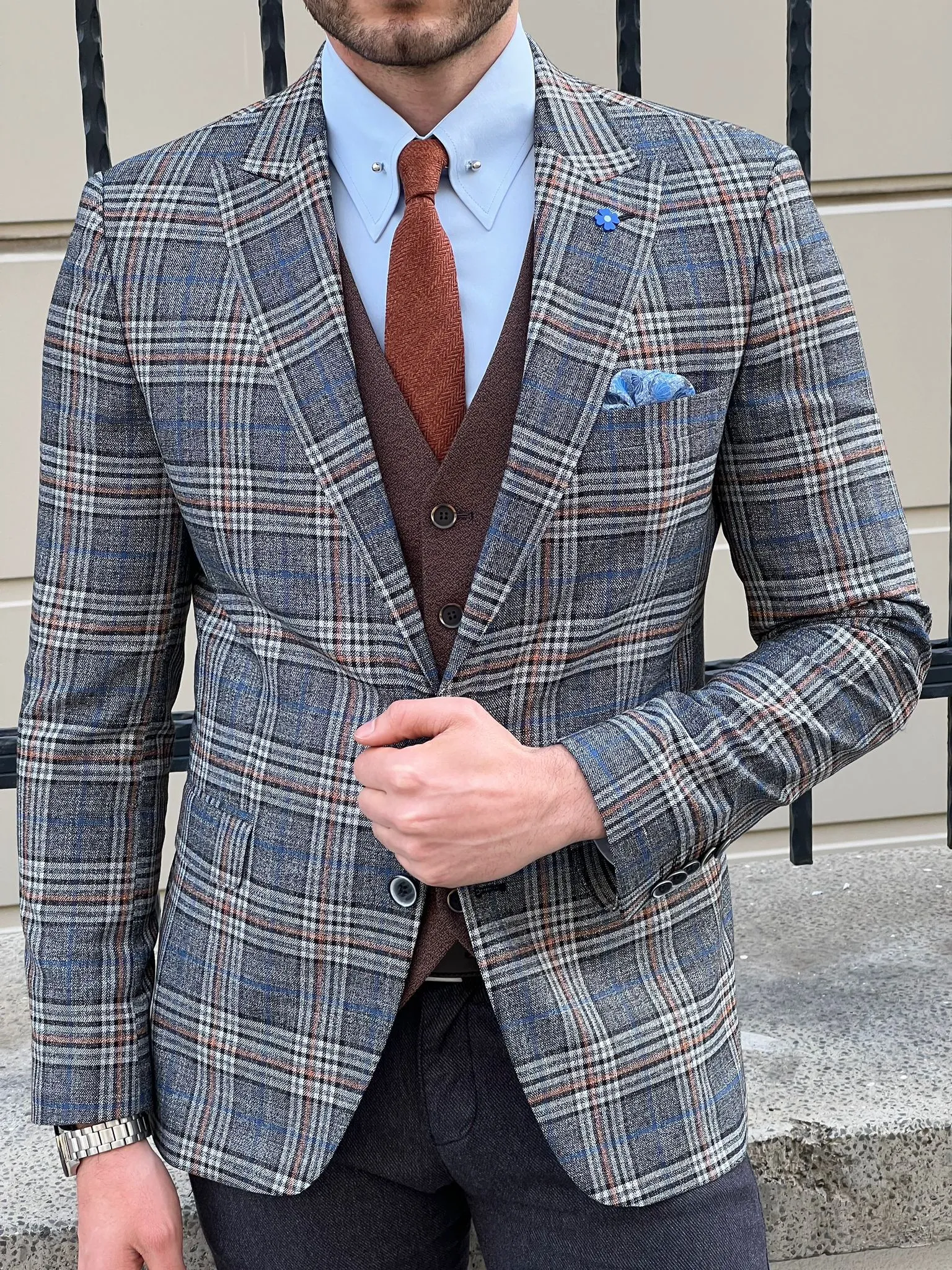 Bojoni Montebello Slim Fit High Quality Plaid Wool Grey Suit