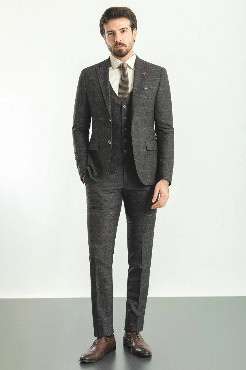 Bojoni Trivento Brown Plaid Slim Fit Suit