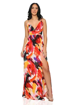 Bold Art High Slit Maxi Dress (Red Multi)-FINAL SALE