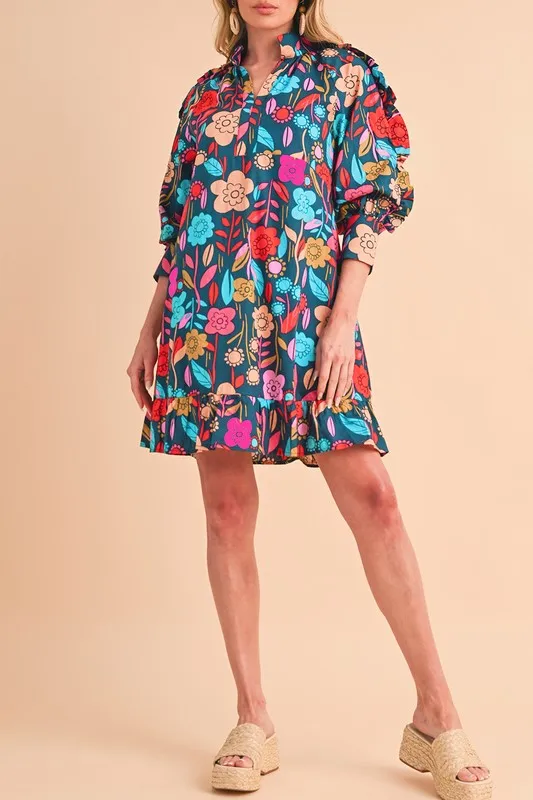 Bold Moves - Floral Print Puff Sleeve Ruffled Mini Dress