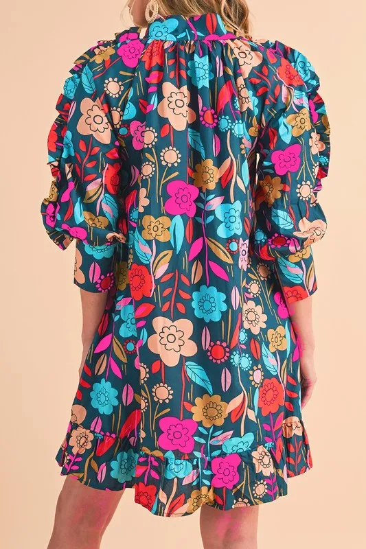 Bold Moves - Floral Print Puff Sleeve Ruffled Mini Dress