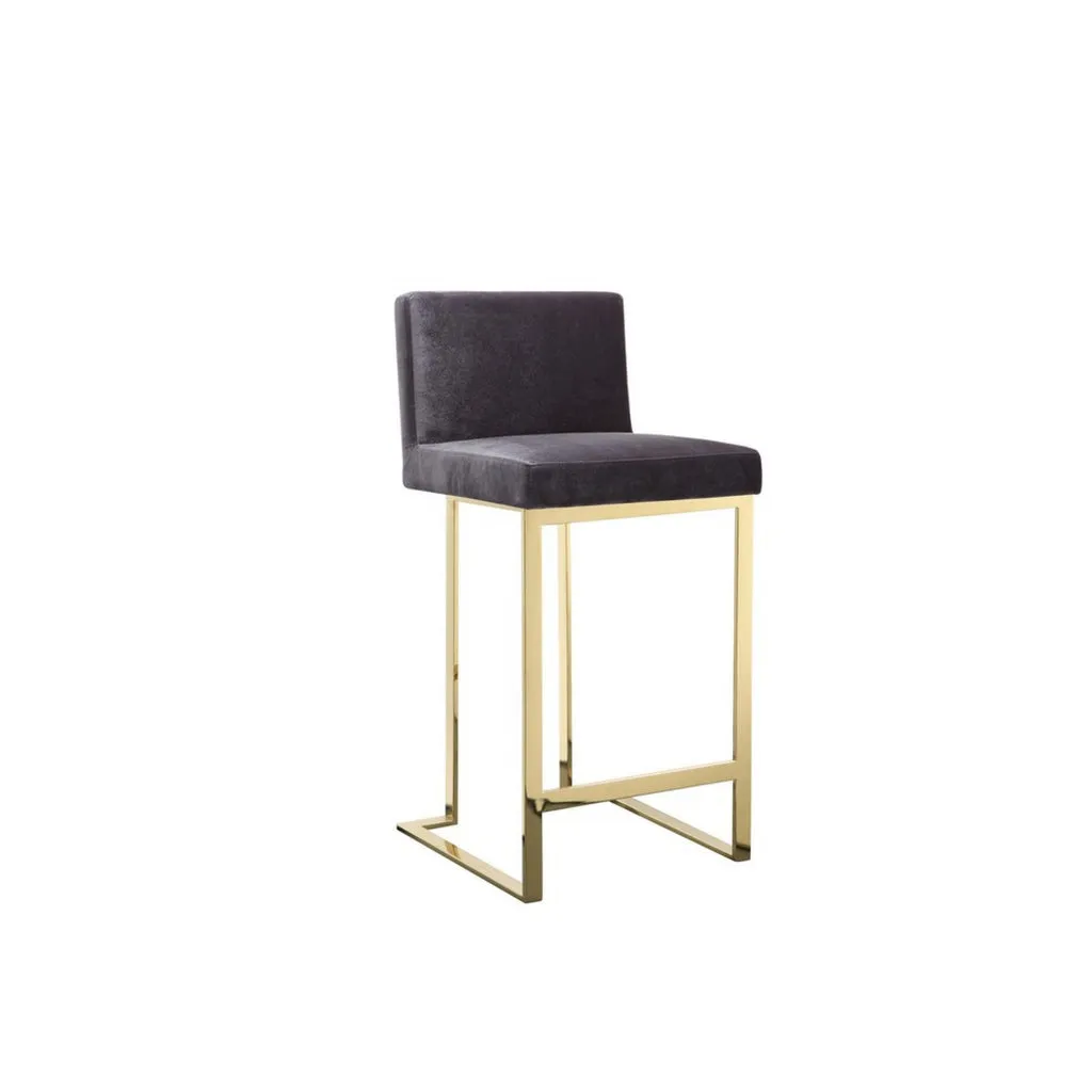 Boly 26 Inch Counter Stool Chair, Cushioned Gray Velvet, Gold Cantilever By Casagear Home