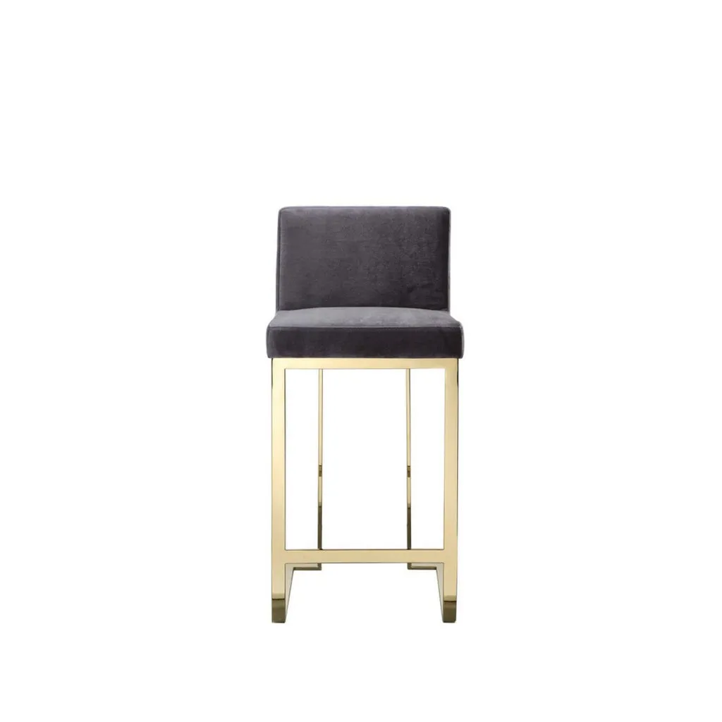 Boly 26 Inch Counter Stool Chair, Cushioned Gray Velvet, Gold Cantilever By Casagear Home