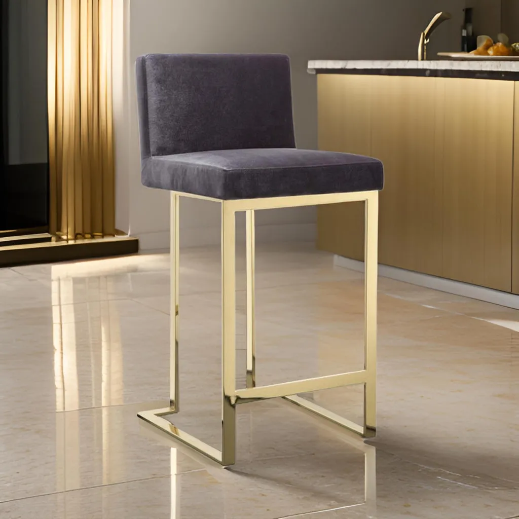 Boly 26 Inch Counter Stool Chair, Cushioned Gray Velvet, Gold Cantilever By Casagear Home