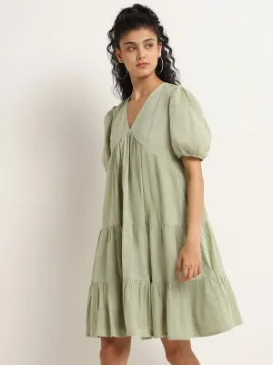 Bombay Paisley Green Embroidered Cotton Tiered Dress