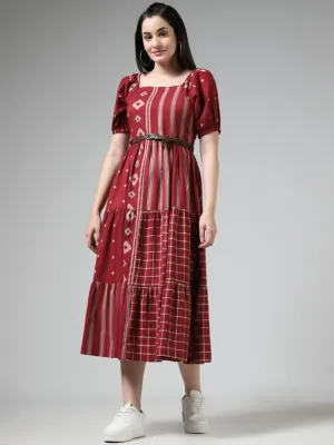 Bombay Paisley Maroon Mix Geometric Printed Blended Linen Tiered Dress