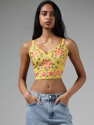 Bombay Paisley Mustard Yellow Floral Embroidered Blended Linen Crop Top