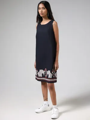 Bombay Paisley Navy Geometric Printed Blended Linen Dress