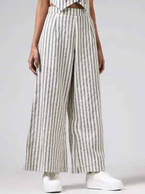 Bombay Paisley Off White Striped Wide-Leg Blended Linen Pants